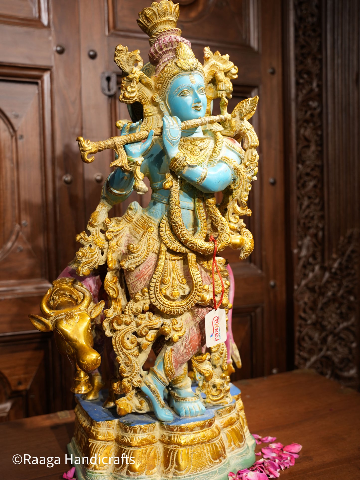 Brass Lord Krishna with Cow 26"
