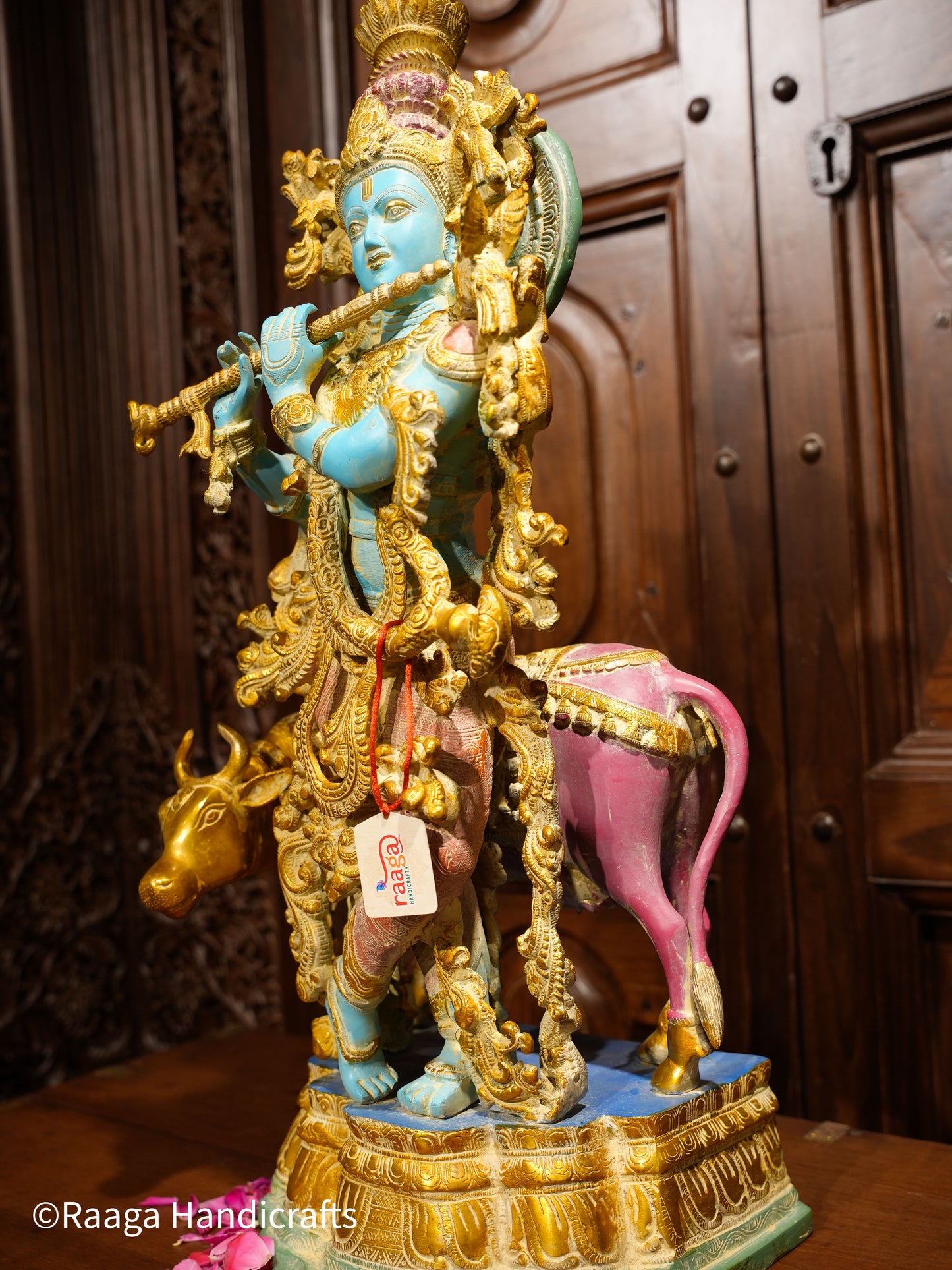 Brass Lord Krishna with Cow 26"