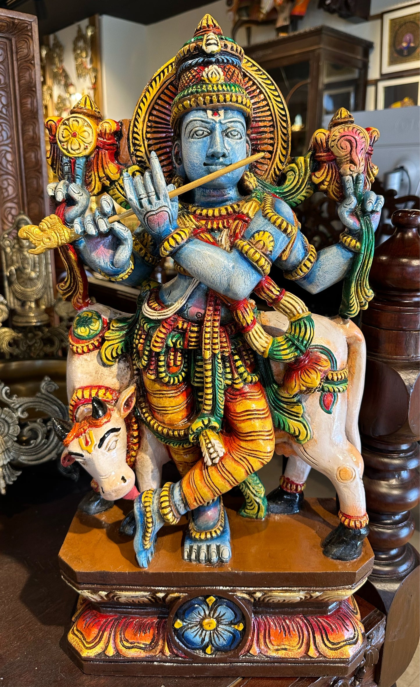 Wood Carved Krishna with Cow 2ft