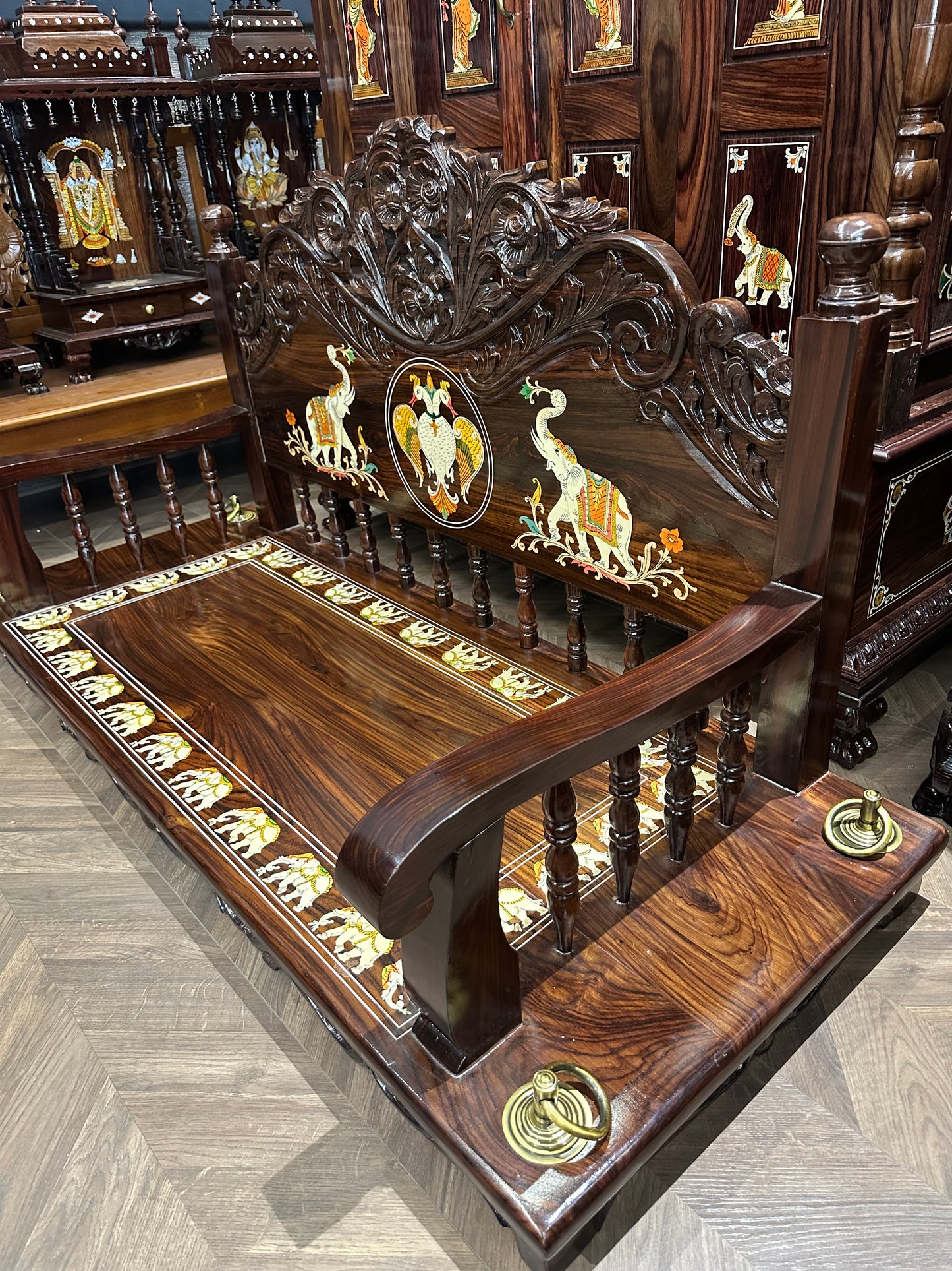 Rosewood Swing/Jhula/ Oonjal w Backrest | 5x2 ft | Elephant Inlay