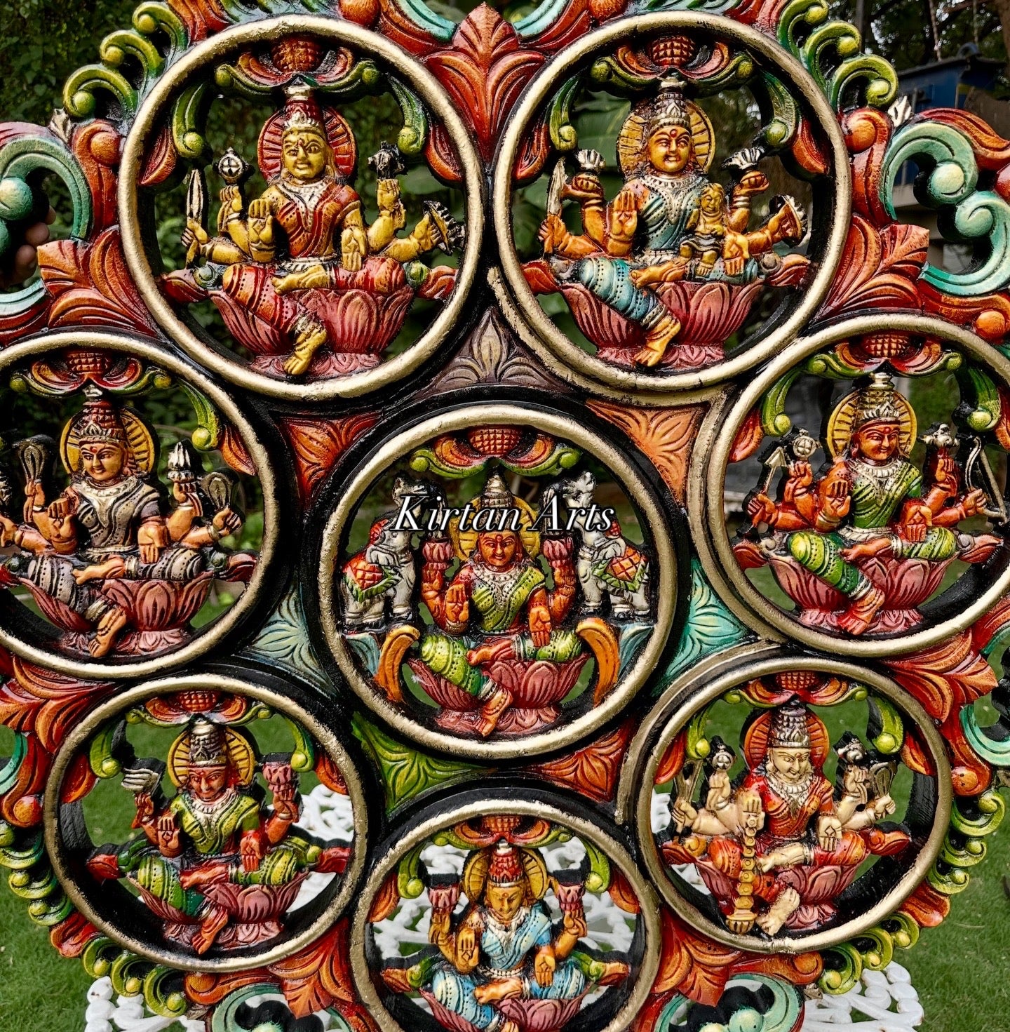 36" Wood Carved Ashtalakshmi Circular Wall Panel