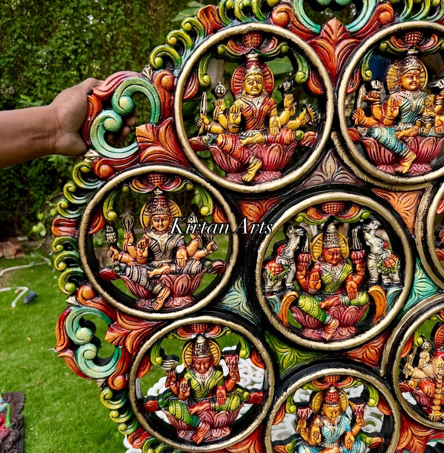 36" Wood Carved Ashtalakshmi Circular Wall Panel