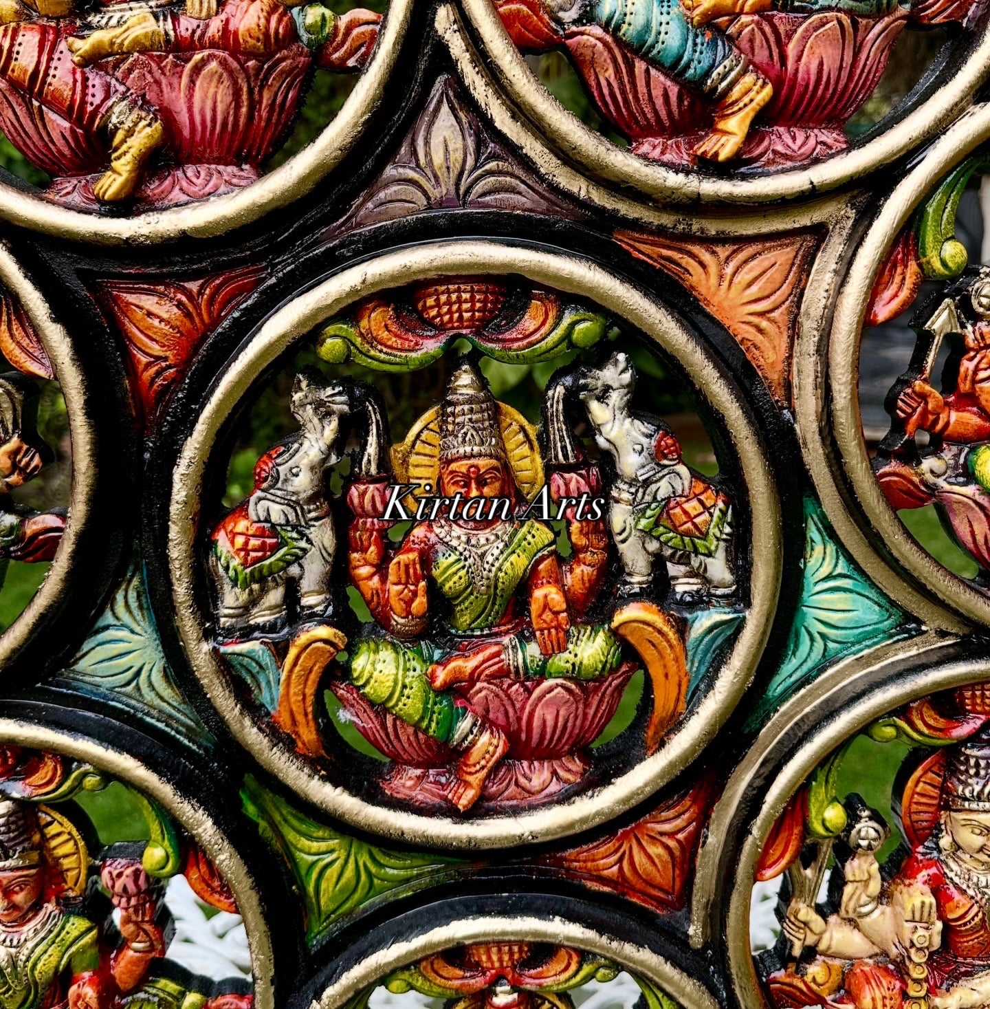 36" Wood Carved Ashtalakshmi Circular Wall Panel