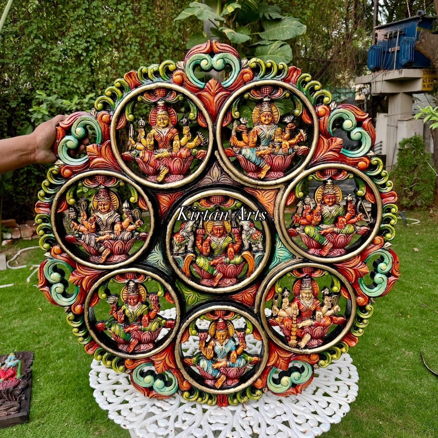 36" Wood Carved Ashtalakshmi Circular Wall Panel