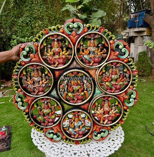 Wood Carved Ashtalakshmi Circular Wall Panel | 36”x36”