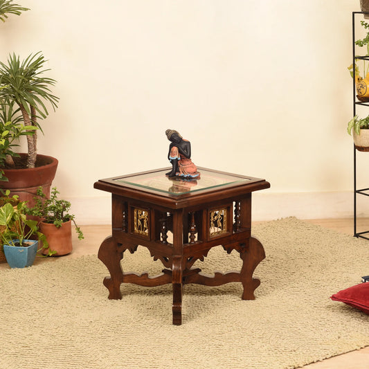 Munich Premium Teakwood 16-Inch Bedside Table – Oriental Legs with Warli & Dhokra Art