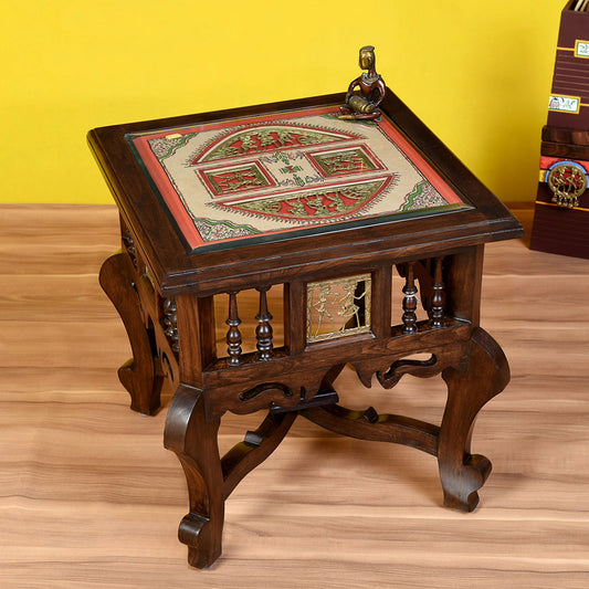 Munich-II Premium Teakwood 18-Inch Bedside Table – Oriental Legs with Warli & Dhokra Art