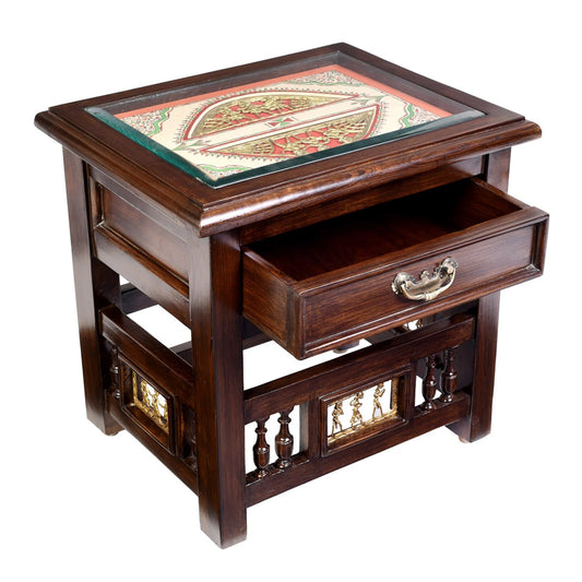 Myra Premium Teakwood Side Table – 18-Inch Accent Table with Drawer, Warli & Dhokra Art