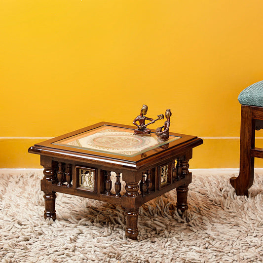 Mana Premium Teakwood Low Height End Table – 16-Inch Square Accent Stool with Warli & Dhokra Art