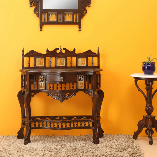 Royal Solid Teakwood Console Table – 36-Inch Traditional Walnut Finish Foyer Table with Crown Backcrest, Dhokra Metalcraft, and Hand-Painted Art