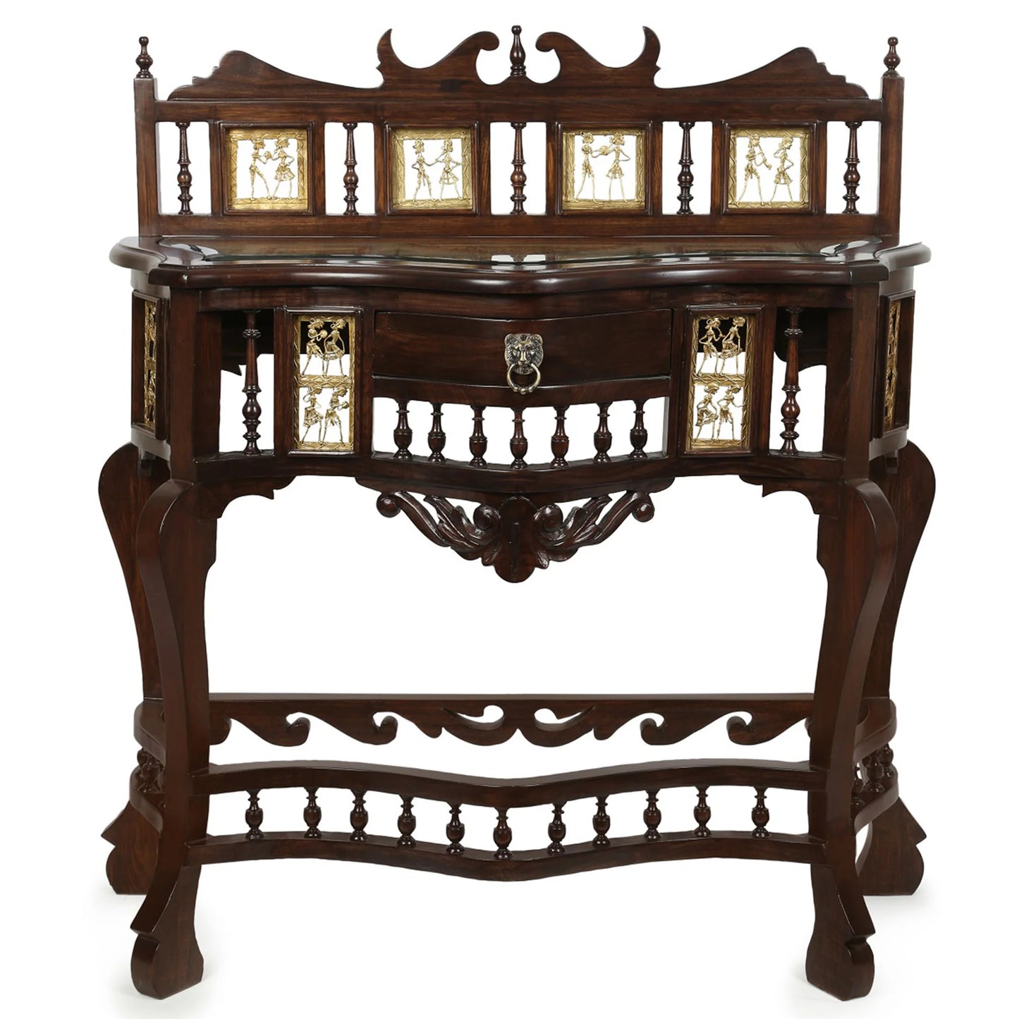 Royal Solid Teakwood Console Table – 36-Inch Traditional Walnut Finish Foyer Table with Crown Backcrest, Dhokra Metalcraft, and Hand-Painted Art