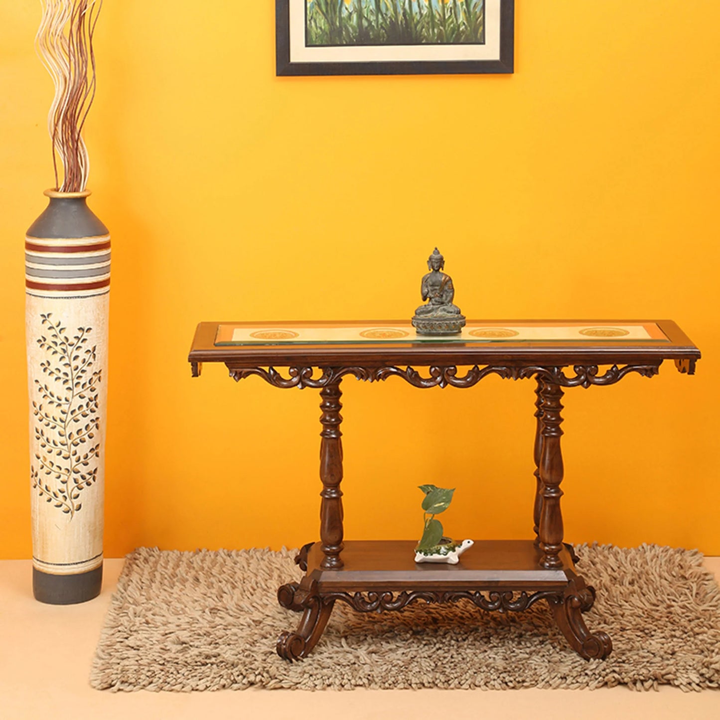 Kria Solid Teakwood Rectangular Console Table – 48-Inch Traditional Walnut Finish Foyer Table with Dhokra Metalcraft