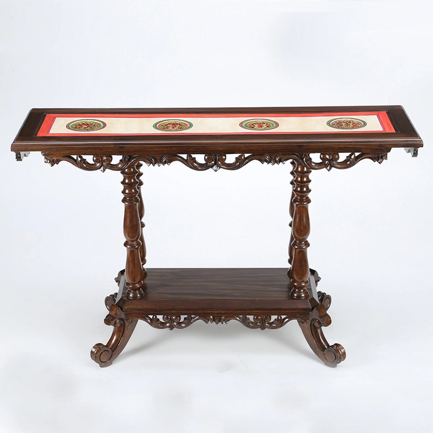 Kria Solid Teakwood Rectangular Console Table – 48-Inch Traditional Walnut Finish Foyer Table with Dhokra Metalcraft