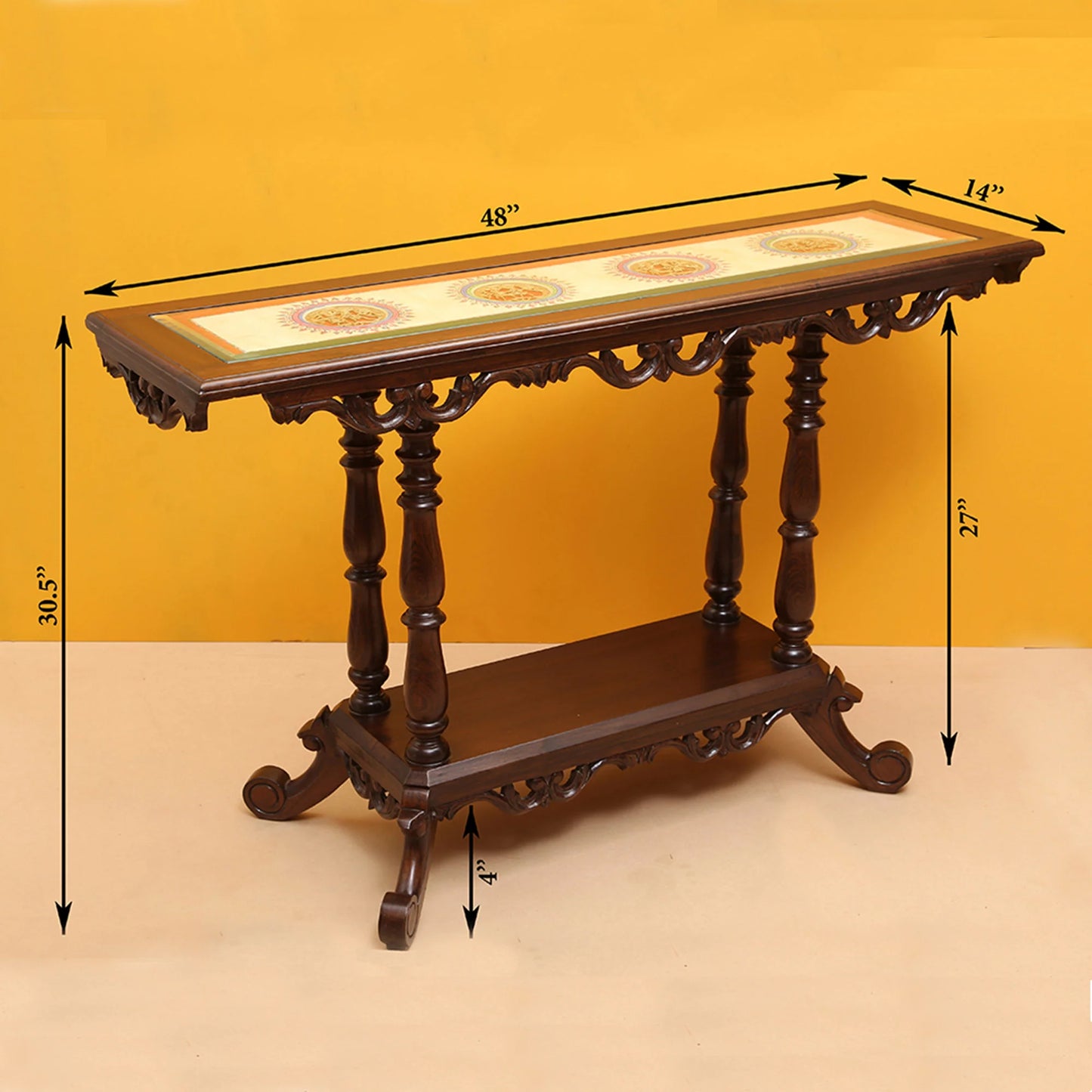 Kria Solid Teakwood Rectangular Console Table – 48-Inch Traditional Walnut Finish Foyer Table with Dhokra Metalcraft