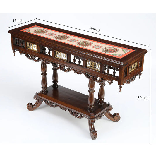 Crown Solid Teakwood Rectangular Console Table – 48-Inch Traditional Walnut Finish Foyer Table with Dhokra Metalcraft and Hand-Painted Art