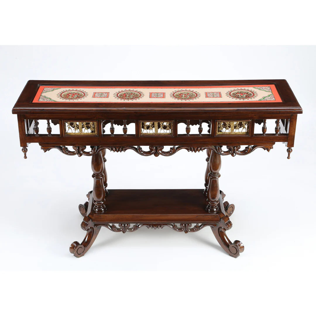 Crown Solid Teakwood Rectangular Console Table – 48-Inch Traditional Walnut Finish Foyer Table with Dhokra Metalcraft and Hand-Painted Art