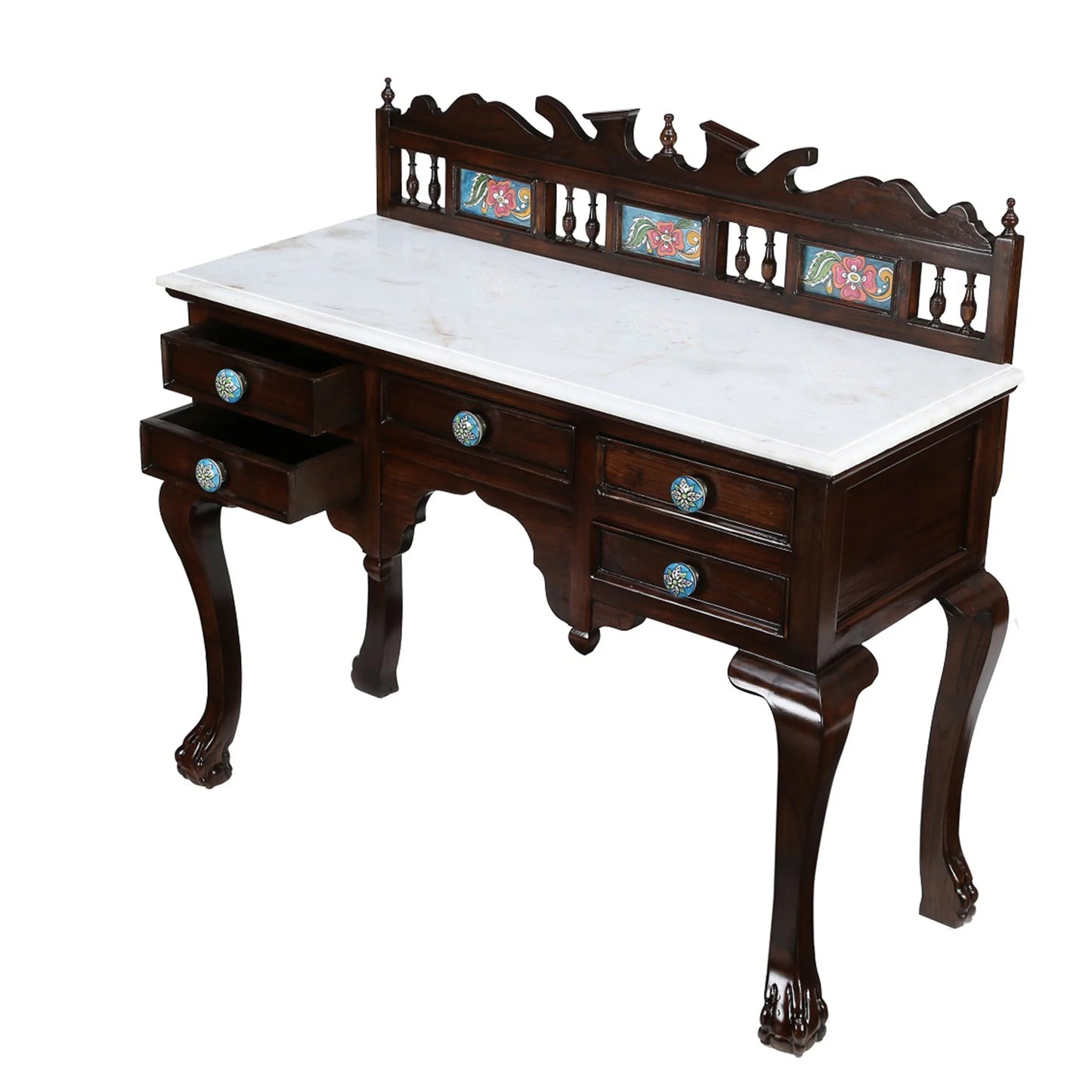Faun Solid Teakwood Console Vanity Table – 42-Inch Traditional Walnut Finish Desk with Marble Top, Ceramic Tiles, and Oriental Claw-Foot Legs