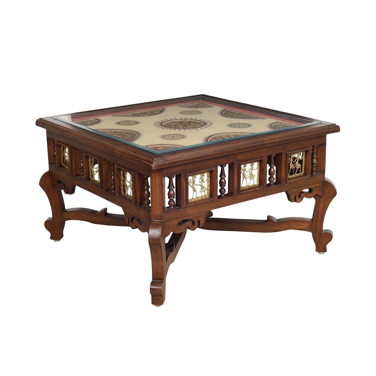Vaari Solid Teakwood Square Coffee Table – 30-Inch Traditional Walnut Finish Center Table with Dhokra Metalcraft and Hand-Painted Art