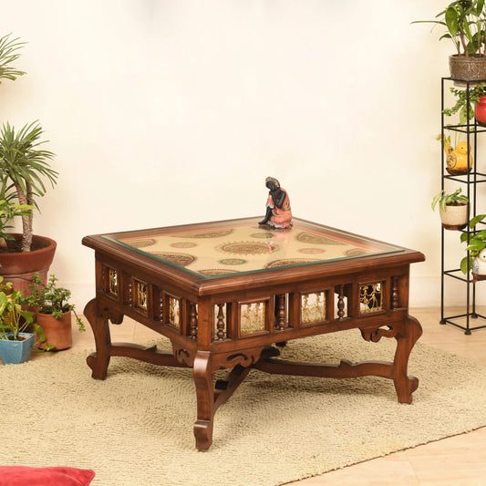 Vaari Solid Teakwood Square Coffee Table – 30-Inch Traditional Walnut Finish Center Table with Dhokra Metalcraft and Hand-Painted Art