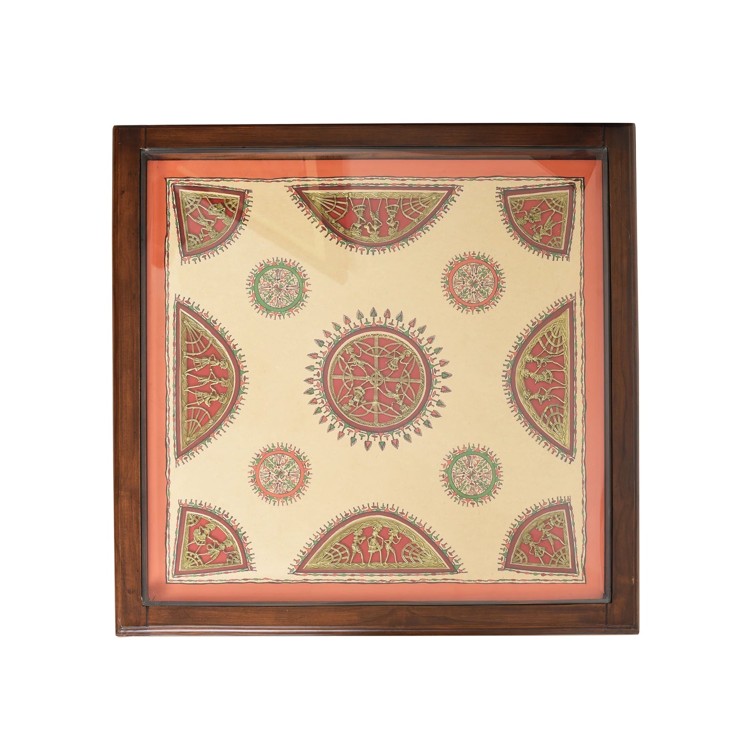 Vaari Solid Teakwood Square Coffee Table – 30-Inch Traditional Walnut Finish Center Table with Dhokra Metalcraft and Hand-Painted Art