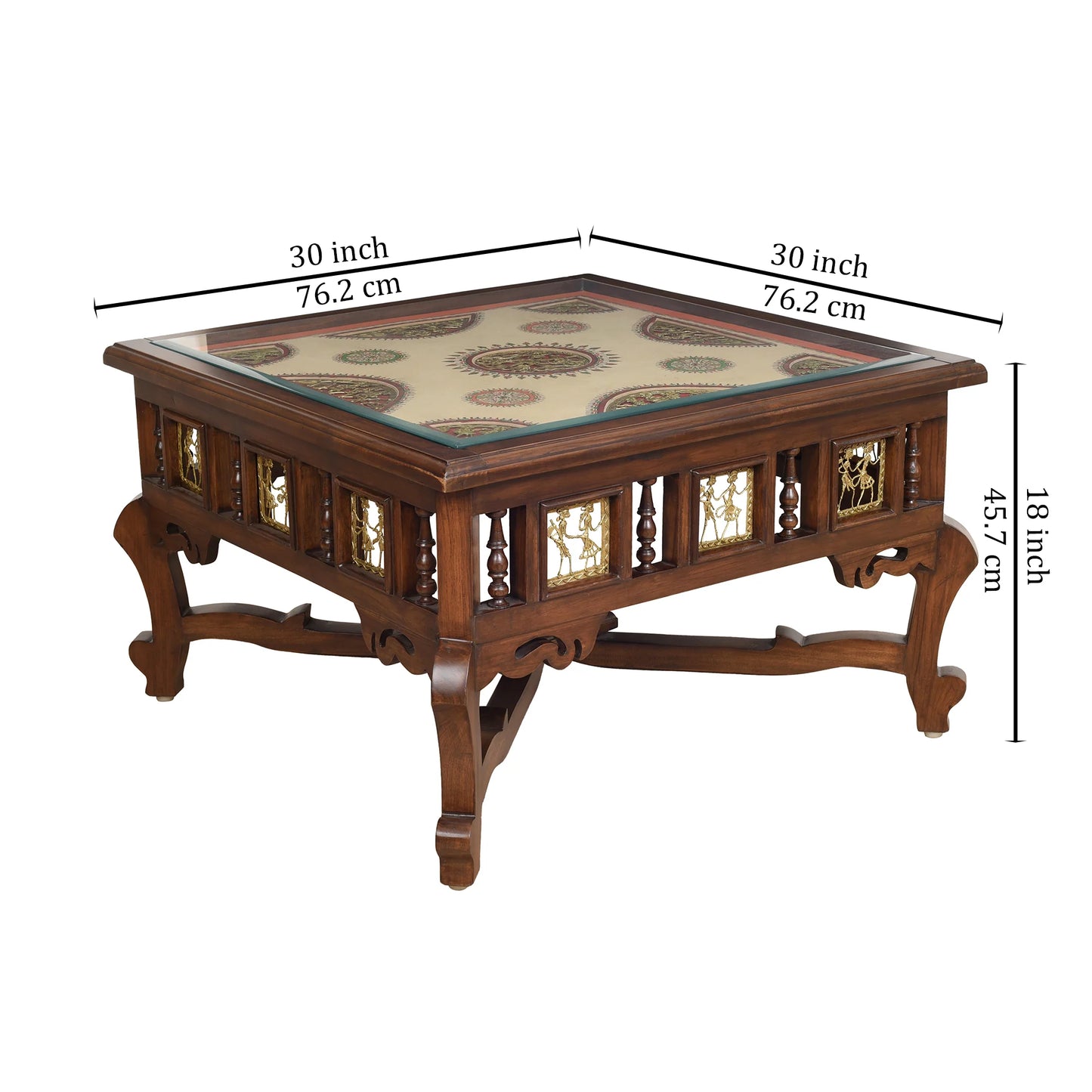 Vaari Solid Teakwood Square Coffee Table – 30-Inch Traditional Walnut Finish Center Table with Dhokra Metalcraft and Hand-Painted Art