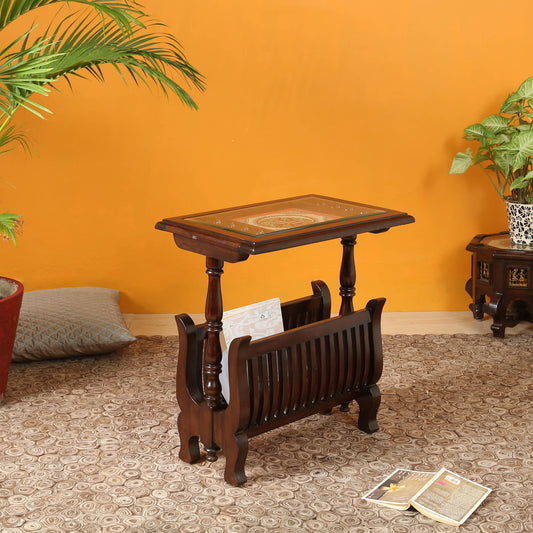 Kylie Premium Teakwood End Table – Integrated Magazine Stand with Warli & Dhokra Art