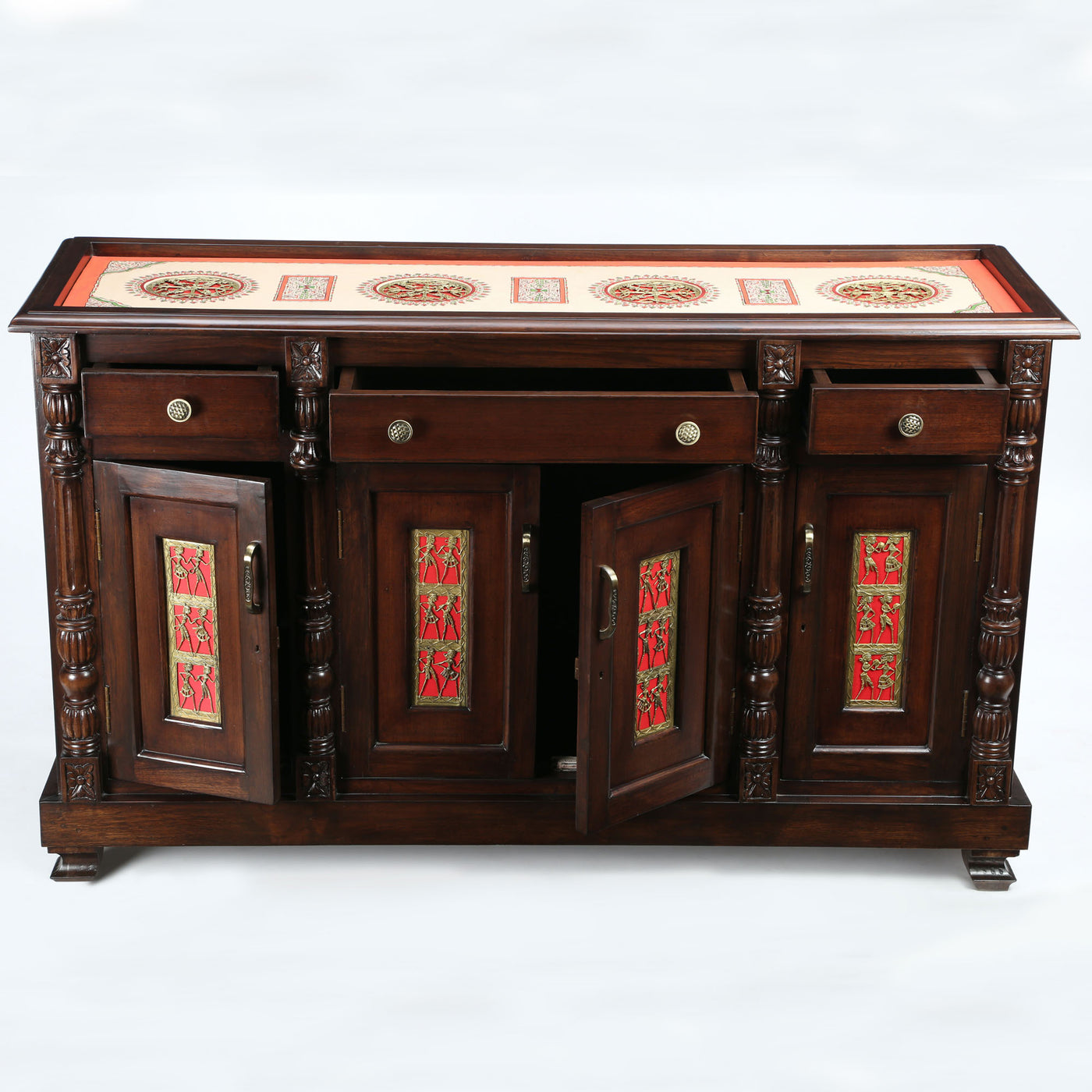 60-Inch Frio Teakwood Sideboard – Walnut Finish Buffeteria with Dhokra Brass Panels