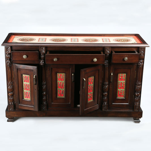 60-Inch Frio Teakwood Sideboard – Walnut Finish Buffeteria with Dhokra Brass Panels
