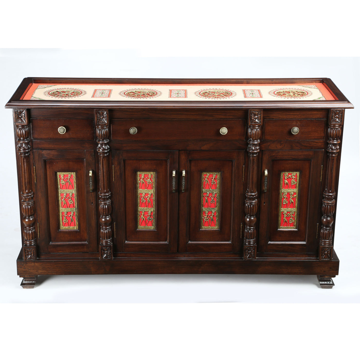 60-Inch Frio Teakwood Sideboard – Walnut Finish Buffeteria with Dhokra Brass Panels