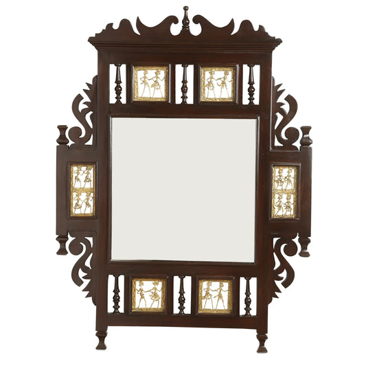 Lavanya Solid Teakwood Wall Mirror – 36-Inch Traditional Walnut Finish Statement Mirror with Crown Backcrest and Dhokra Metalcraft Brass Panels