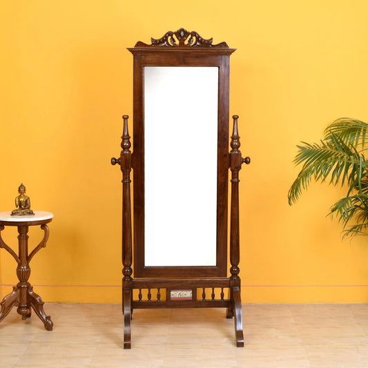 Niharika Solid Teakwood Full-Size Standing Mirror – 73-Inch Traditional Walnut Finish Chevalier Mirror with Carved Crown and Dhokra Art Accent