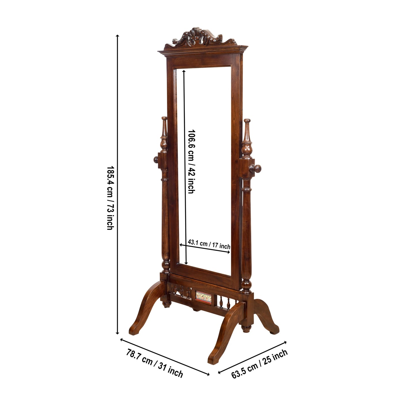 Niharika Solid Teakwood Full-Size Standing Mirror – 73-Inch Traditional Walnut Finish Chevalier Mirror with Carved Crown and Dhokra Art Accent