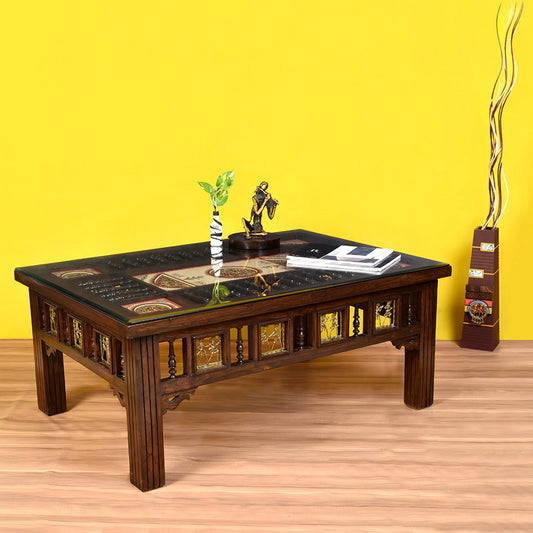 Aloha Premium Teak Wood Coffee Table – 43-Inch Rectangular Centerpiece with Warli & Dhokra Art