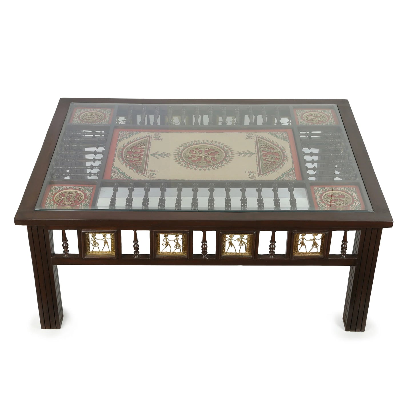 Aloha Premium Teak Wood Coffee Table – 43-Inch Rectangular Centerpiece with Warli & Dhokra Art