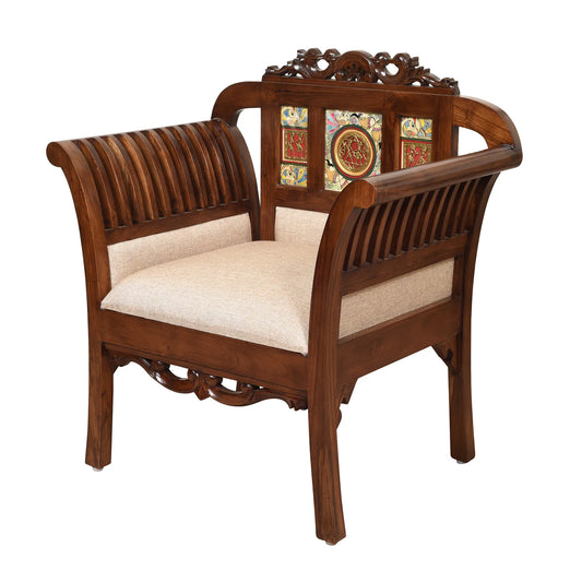 Alpa Premium Teakwood Single Sofa – Handcrafted with Dhokra Brass & Madhubani | Walnut Finish