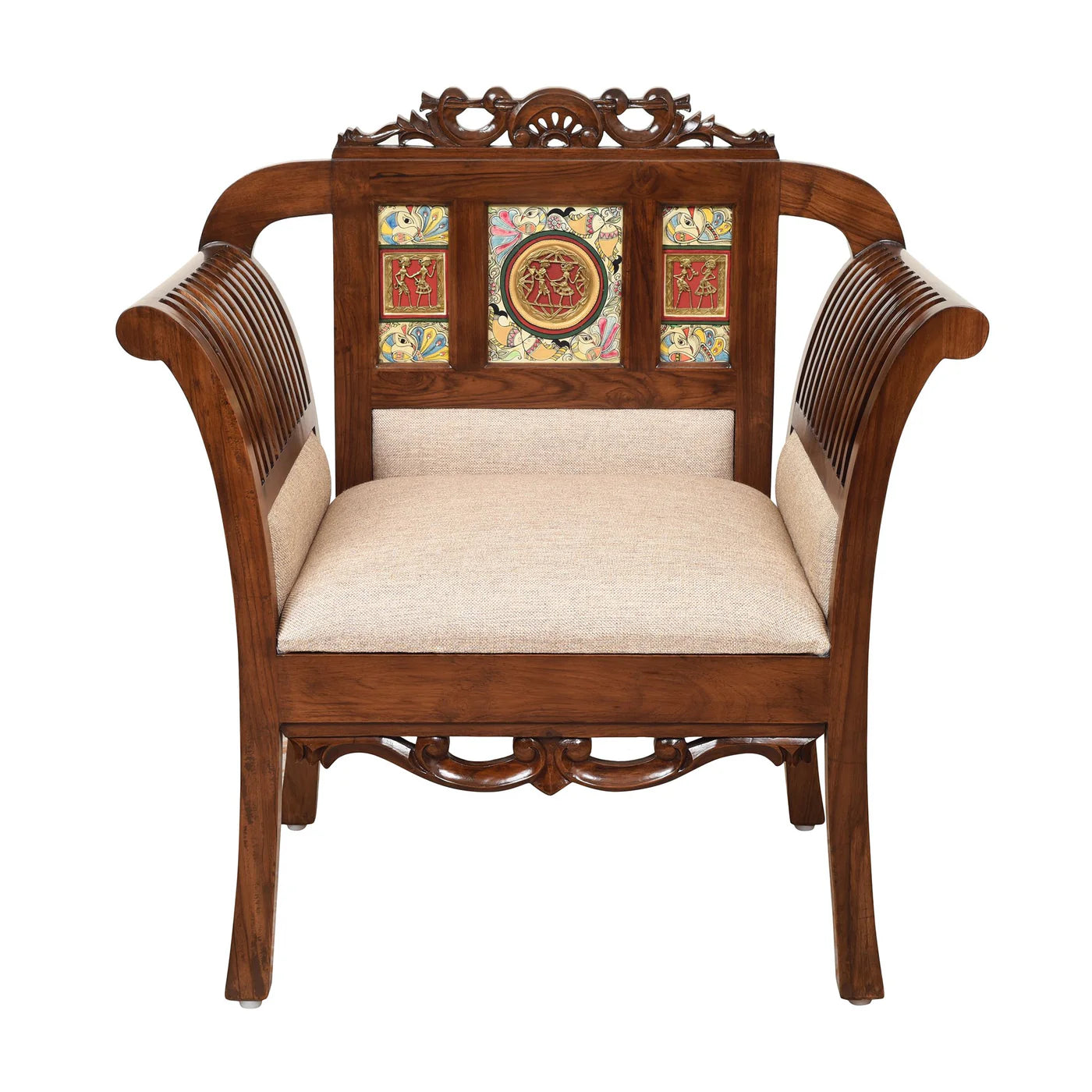 Alpa Premium Teakwood Single Sofa – Handcrafted with Dhokra Brass & Madhubani | Walnut Finish