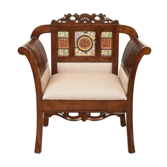 Alpa Premium Teakwood Single Sofa – Handcrafted with Dhokra Brass & Madhubani | Walnut Finish