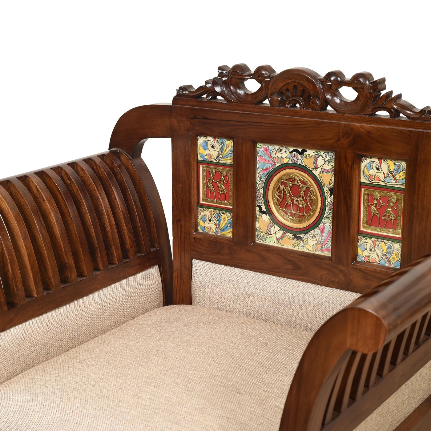Alpa Premium Teakwood Single Sofa – Handcrafted with Dhokra Brass & Madhubani | Walnut Finish