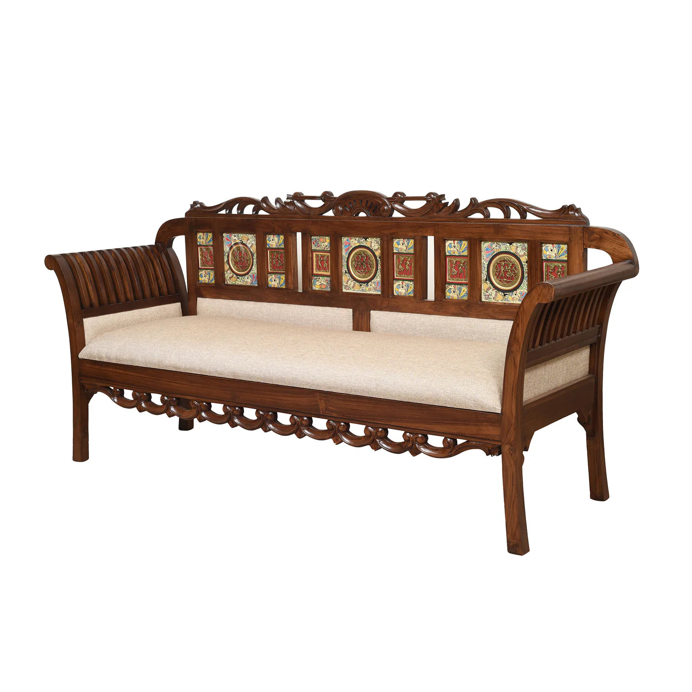 Alpa Premium Teakwood 3 Seater Sofa – Handcrafted with Dhokra Brass & Madhubani Art
