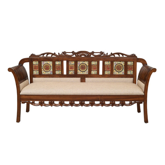 Alpa Premium Teakwood 3 Seater Sofa – Handcrafted with Dhokra Brass & Madhubani Art