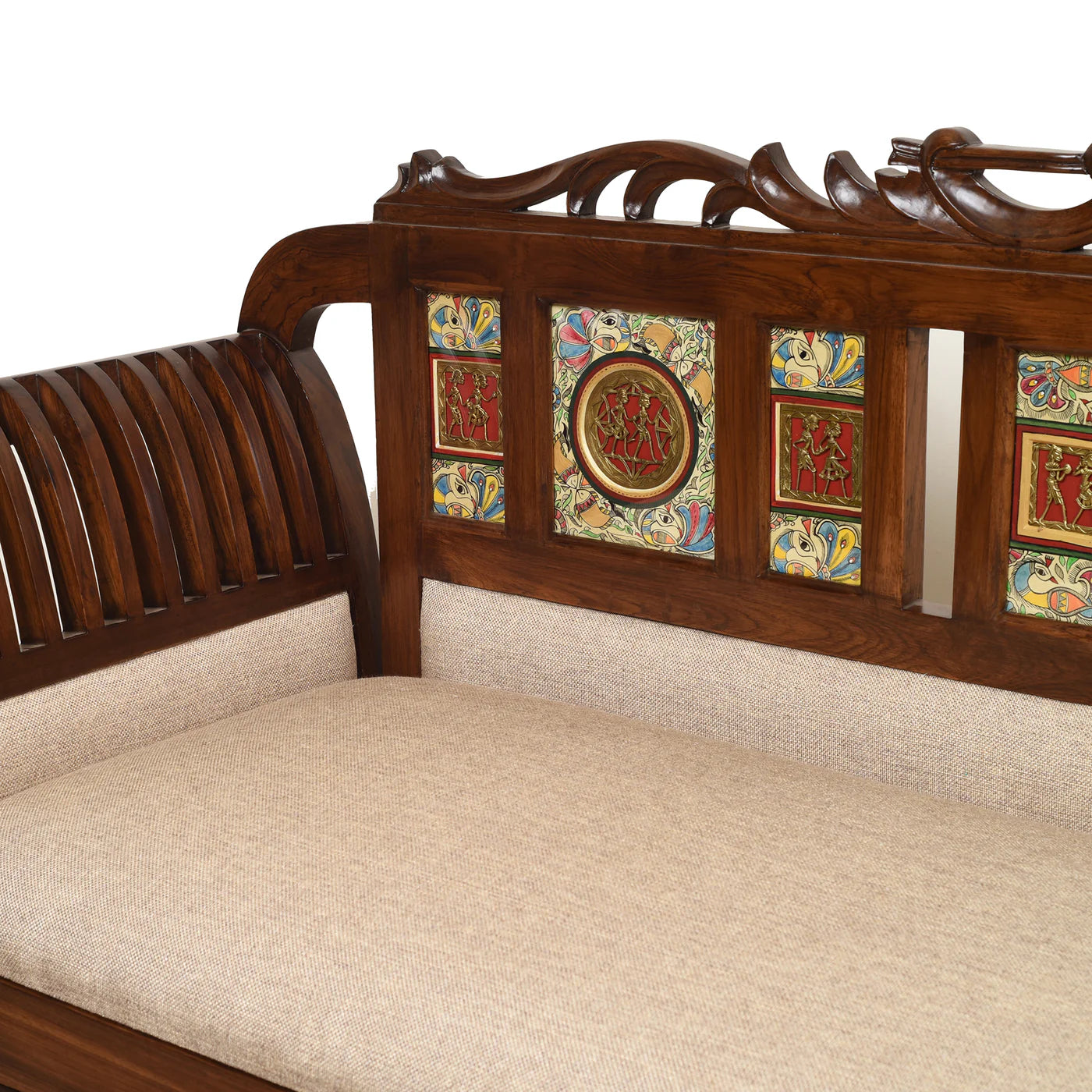 Alpa Premium Teakwood 3 Seater Sofa – Handcrafted with Dhokra Brass & Madhubani Art