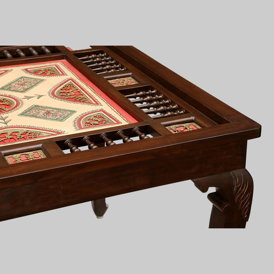 Teakwood 4 Seater Dining Set | Walnut Finish | 42x42x30 Inches | Artwork | Aurum