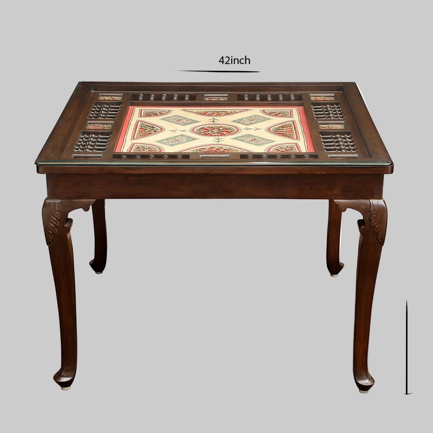 Teakwood 4 Seater Dining Set | Walnut Finish | 42x42x30 Inches | Artwork | Aurum