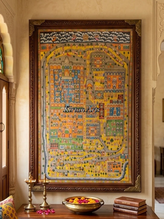 Grand 6.5ft x 4ft Palitana Pat | Hand-Painted Jain Pilgrimage Map | Orange Edition