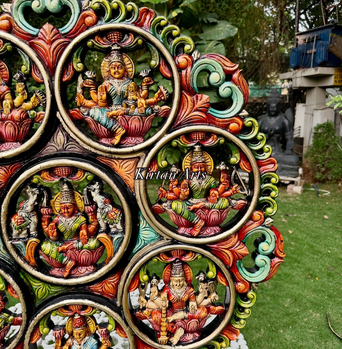 36" Wood Carved Ashtalakshmi Circular Wall Panel