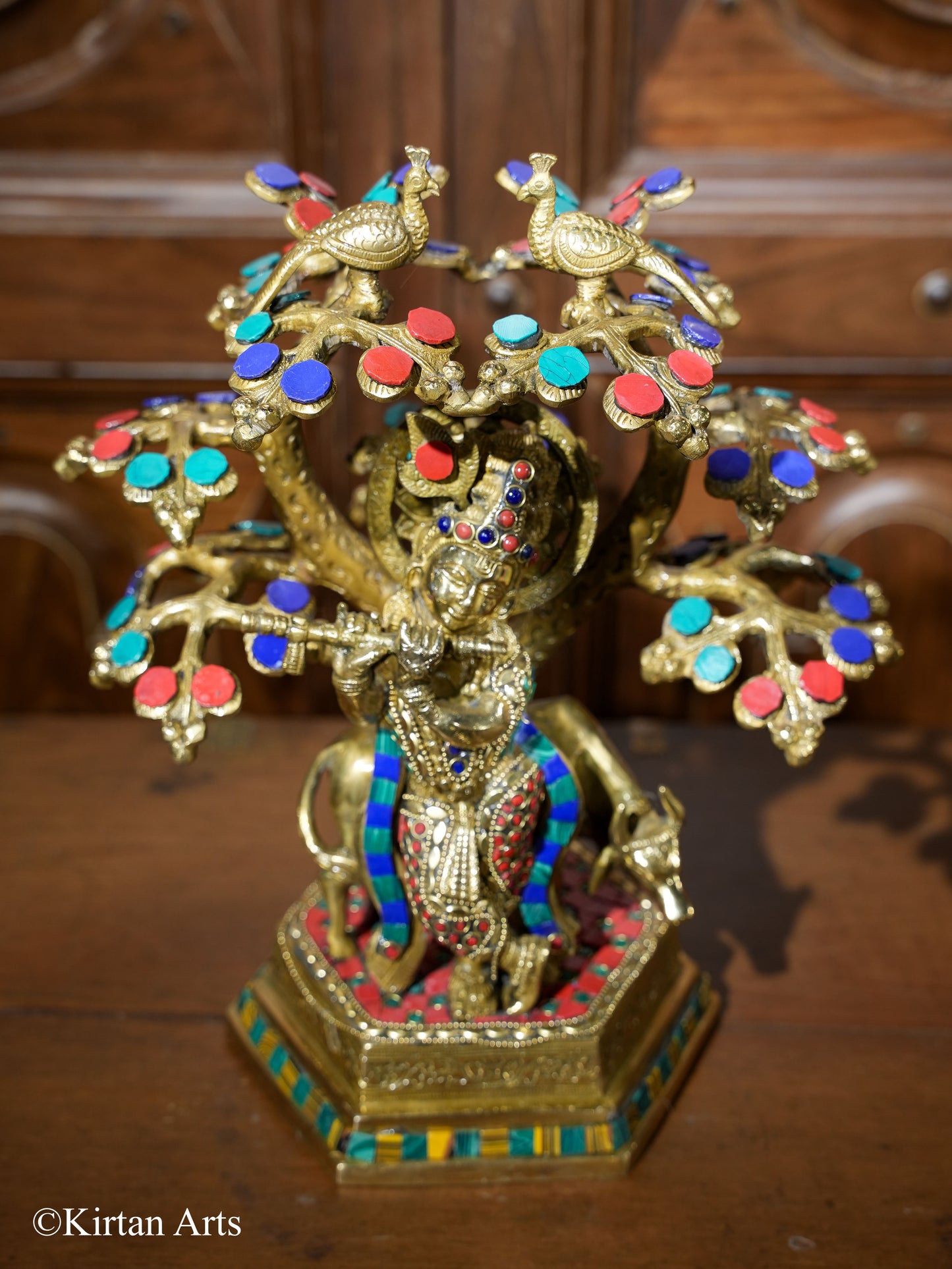 Brass Cow Krishna with Tree