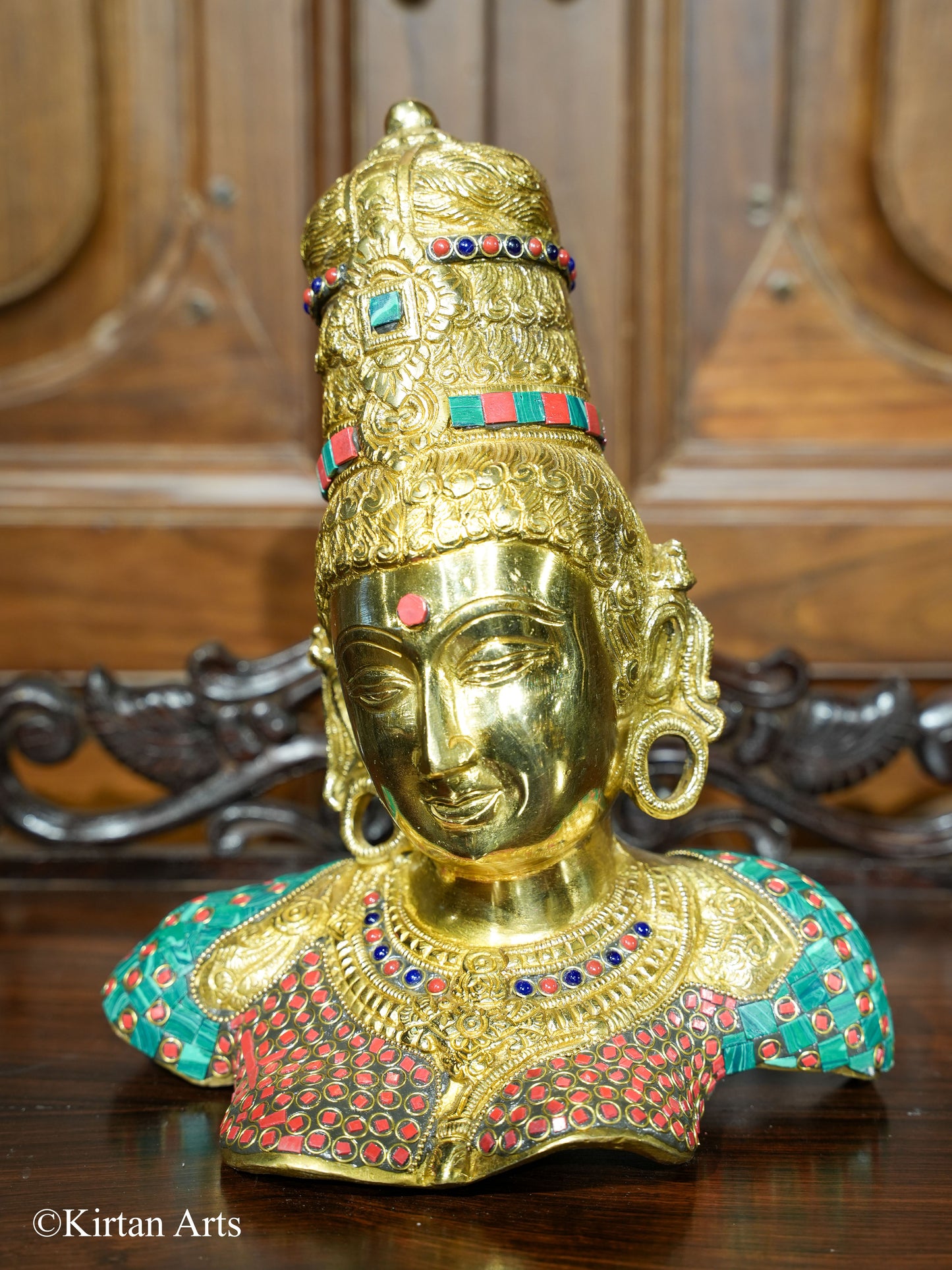 Brass Parvati Bust with stonework 12"