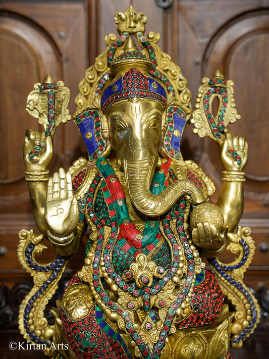 Brass Ganesha with Stonework 21"
