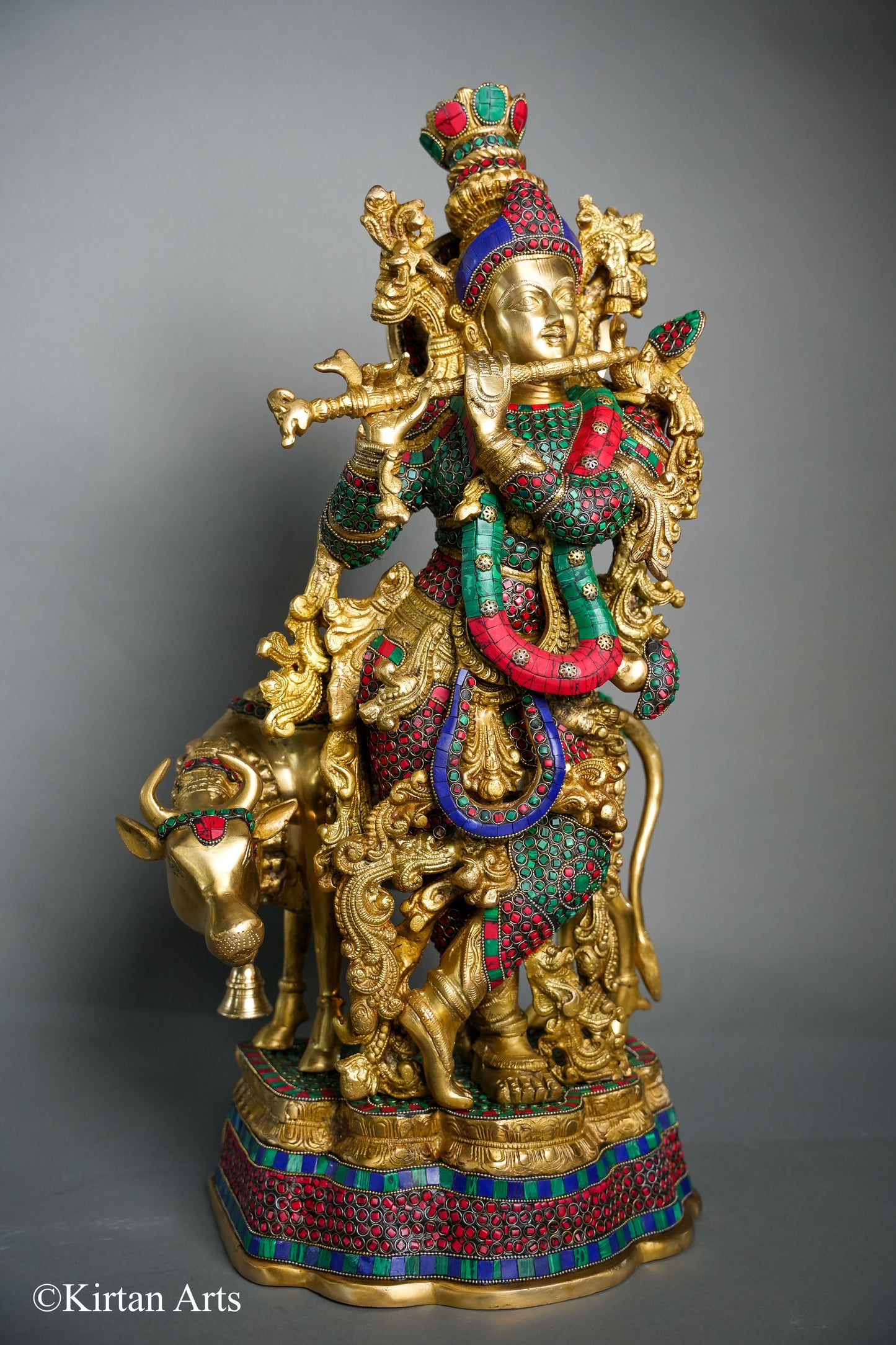 Brass Cow Krishna with Stonework 26"