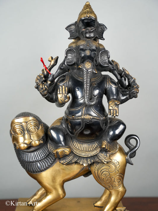 Brass Panchamukhi Ganesha on Lion 24"